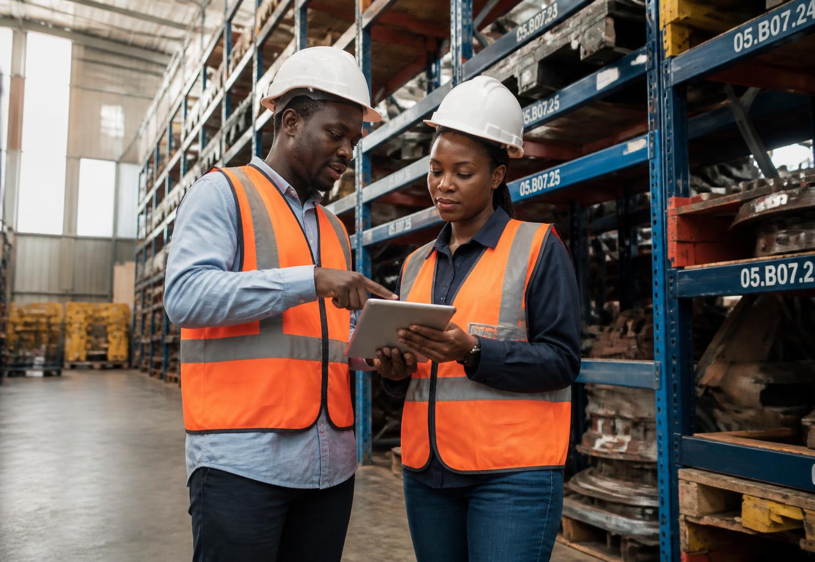 Two industrial professionals reviewing stores inventory on a tablet in a spare parts warehouse