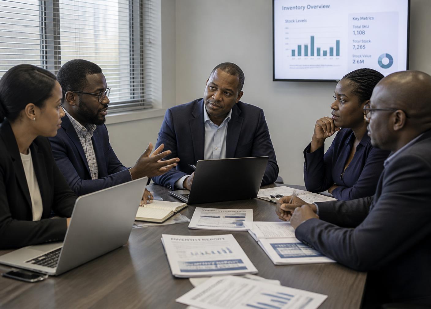 Industrial executives reviewing inventory reports in a meeting room