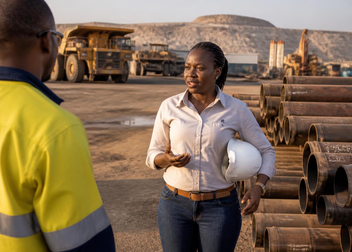 Procurement manager speaking with a colleague in a mine site laydown yard