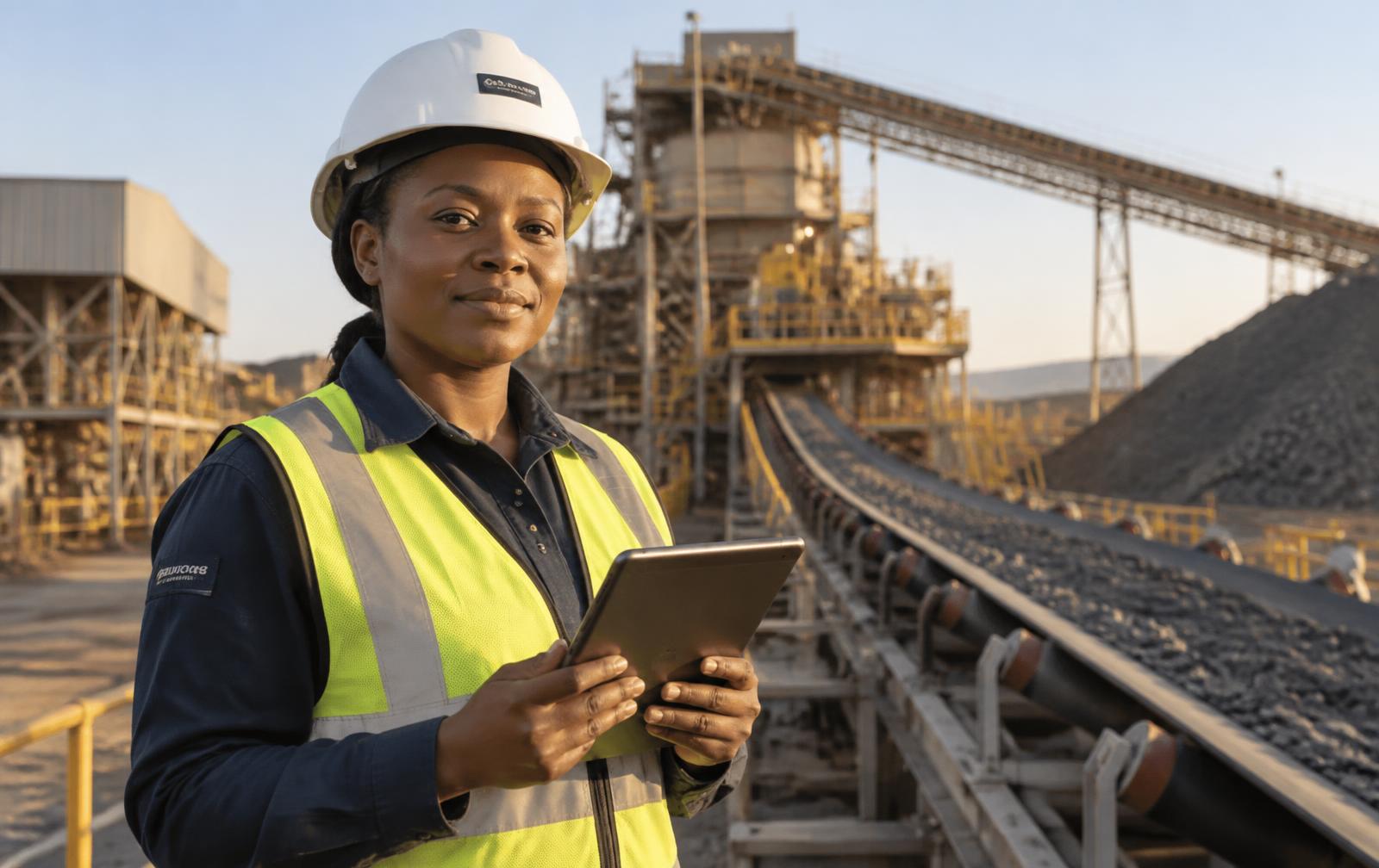 Engineer with a tablet in front of a processing plant
