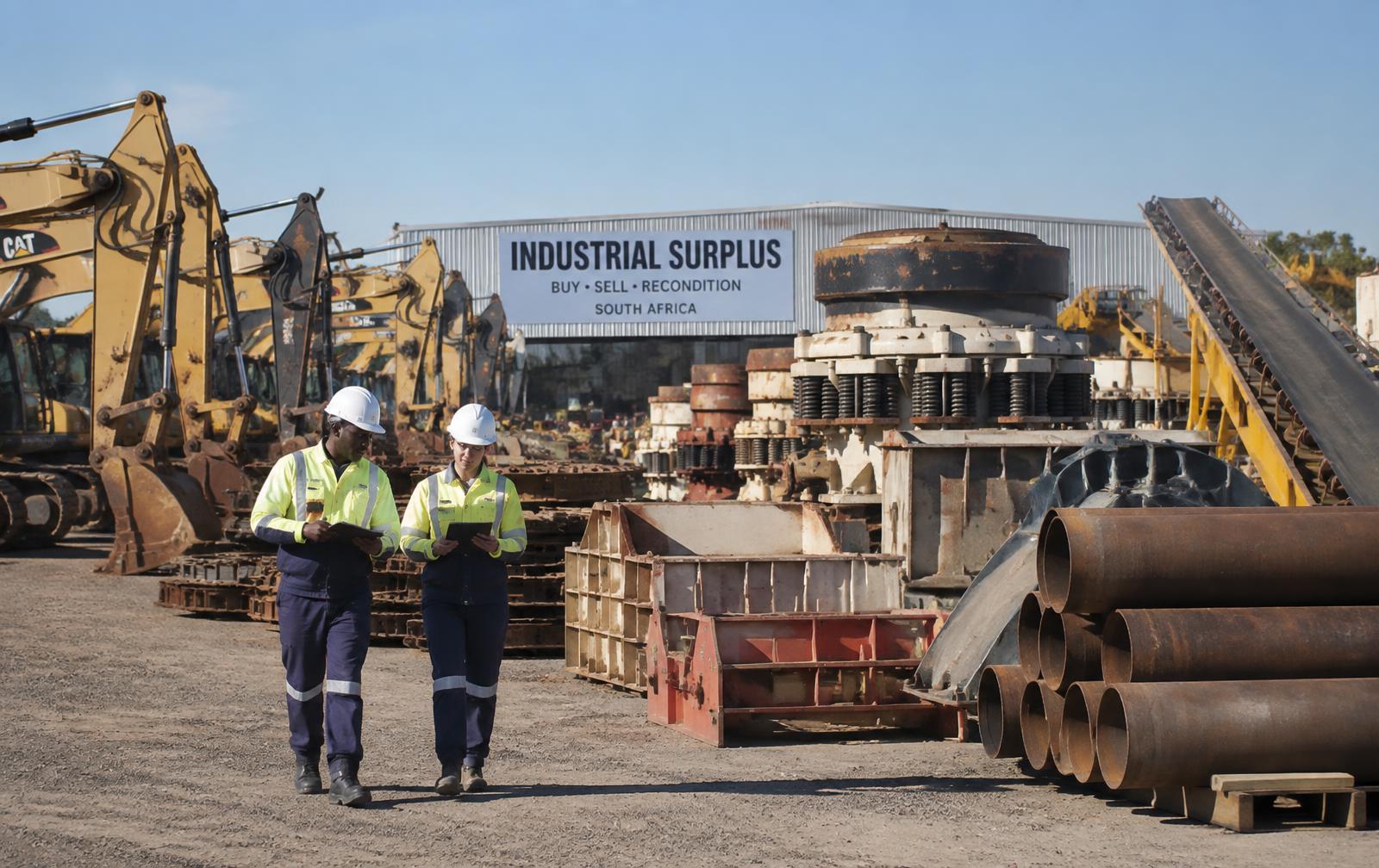 Engineers inspecting surplus equipment in an industrial yard